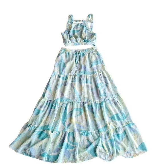 Sky to moon Sz S blue multicolor maxi skirt and open back top set - Picture 1 of 7